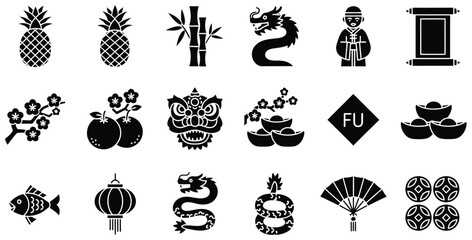 Collection of black silhouette icons representing traditional Chinese New Year celebrations and cultural symbols for holiday design projects © Mst Zakia