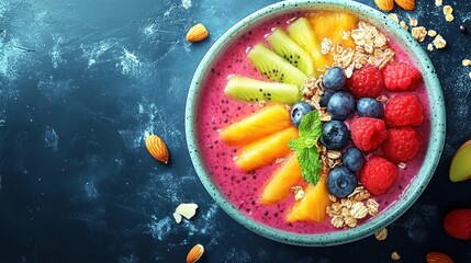 A colorful smoothie bowl with fresh fruit, berries, granola, and almonds.