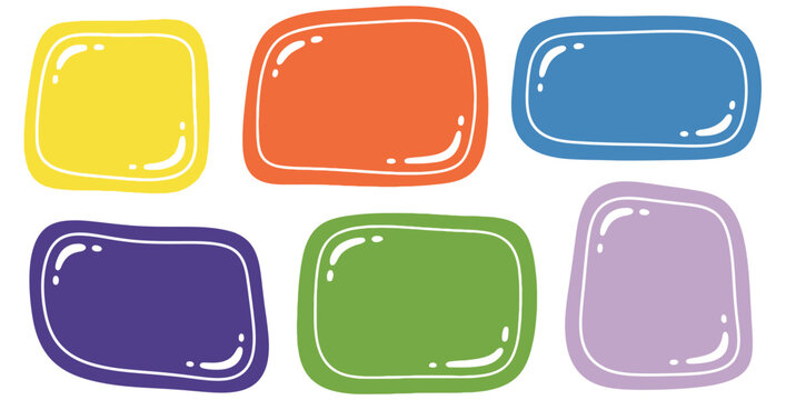Set of six colorful hand drawn rounded rectangle text boxes with white outlines and glossy highlight details perfect for fun labeling or design elements