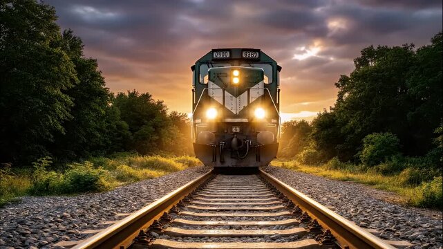 Freight train locomotive on railway tracks in rural sunset landscape