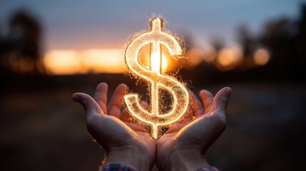 A person holding a glowing dollar symbol in their hands, symbolizing financial success. The symbol is illuminated and shining, casting a radiant light