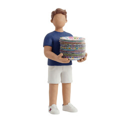 Faceless 3D Clay Male Character Holding Stack of Party Plates Isolated