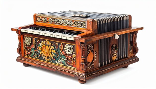 Ornate wooden harmonium with visible keyboard and intricate carvings.
