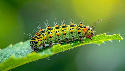 A colorful caterpillar crawling on a vibrant green leaf in the sunlight