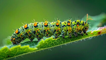 Vibrant close-up shot of a caterpillar crawling on a lush green leaf. The caterpillar's unique pattern is on display