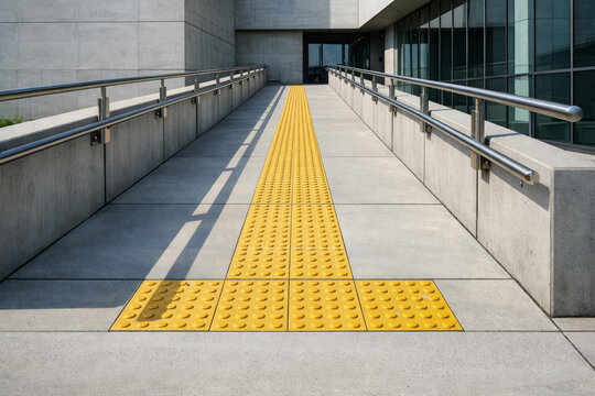 Accessible concrete wheelchair ramp with yellow tactile paving leading to modern building entrance