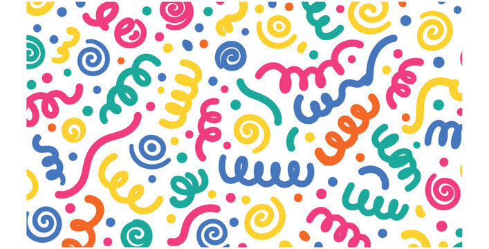 Brightly colored festive seamless pattern background featuring abstract confetti swirls ribbons and polka dots creating a joyful celebration atmosphere for party design
