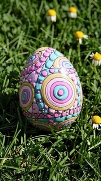 Close-up video angle of a colorful, intricately patterned egg on grass, surrounded by small flowers, showcasing vibrant, artistic design. Live mobile wallpaper.