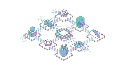 An isometric view illustration of a technological diagram featuring a central processing unit (CPU).