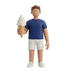 Faceless 3D Clay Male Character Holding Ice Cream Cone Isolated
