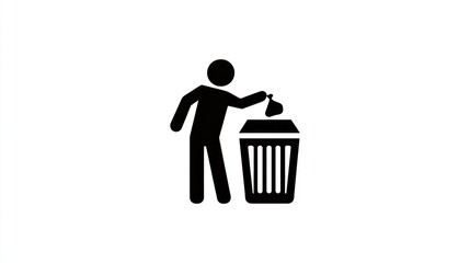 An illustration icon that showing a silhouette of a person throwing garbage into a trash can, emphasizing environmental responsibility and cleanliness.
