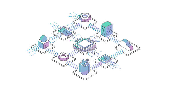 An isometric view illustration of a technological diagram featuring a central processing unit (CPU).