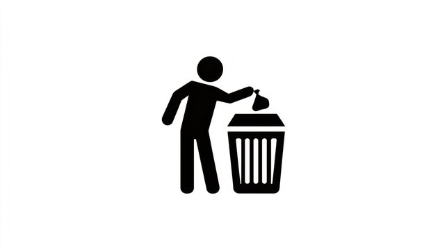 An illustration icon that showing a silhouette of a person throwing garbage into a trash can, emphasizing environmental responsibility and cleanliness.