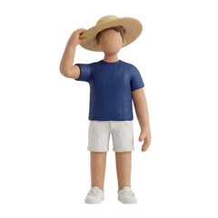 Faceless 3D Clay Male Character Tipping Straw Sun Hat Isolated