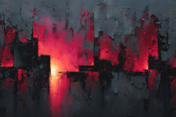 An abstract painting composition in a dark color scheme with rich scarlet and red accents.  