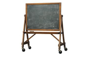 Obraz premium Vintage chalkboard standing on a wooden frame with wheels, providing a blank slate for learning, teaching, or presenting information