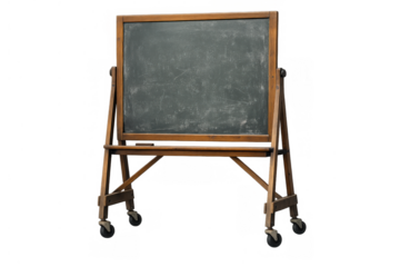 Vintage chalkboard standing on a wooden frame with wheels, providing a blank slate for learning, teaching, or presenting information