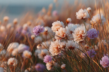 A delicate natural landscape with wildflowers illuminated by a soft, warm light.  