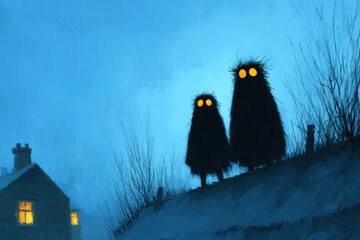 A fantasy illustration featuring two mysterious dark creatures with brightly glowing eyes, standing on a hill in a twilight blue atmosphere. 