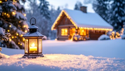 Cozy lantern glows in snowy foreground with a warm-lit cabin in background