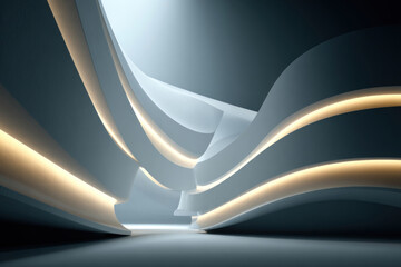 An abstract, minimalist composition with flowing architectural forms and soft, luminous lines.  technology, innovation, business, presentations, covers, and abstract backgrounds.