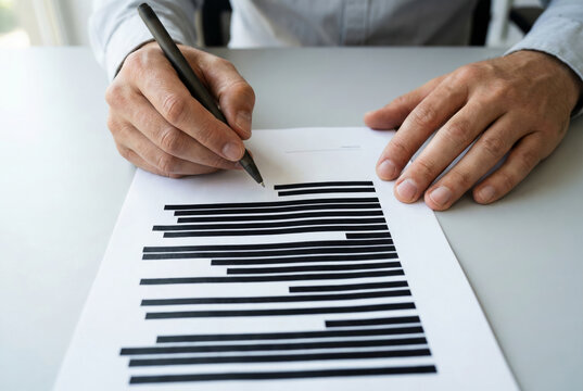 Hands Redacting Confidential Information on Document with Pen