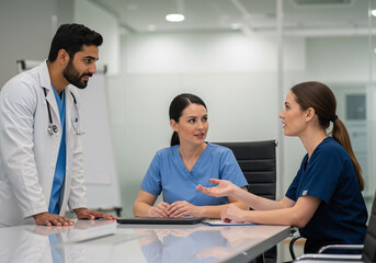 Obraz premium Healthcare Professionals Meeting: Team Collaboration in Modern Office