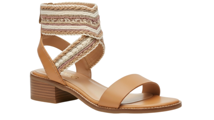 Tan leather sandal with ankle strap and block heel, woven detail, isolated on black