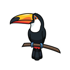 A cartoon toucan perches on a branch