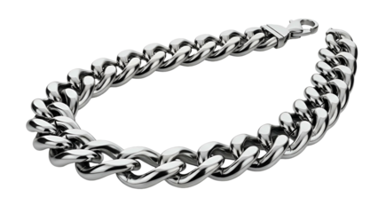 A shiny silver chain bracelet with large, interlocking links on a black background