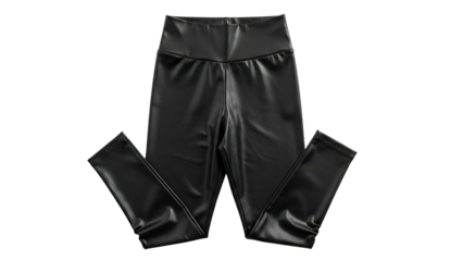 Shiny black leggings, flat-lay, high-waisted, smooth texture, on black background