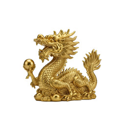 Fototapeta premium Luxurious golden chinese dragon statue holding a pearl, isolated studio shot for chinese new year culture.
