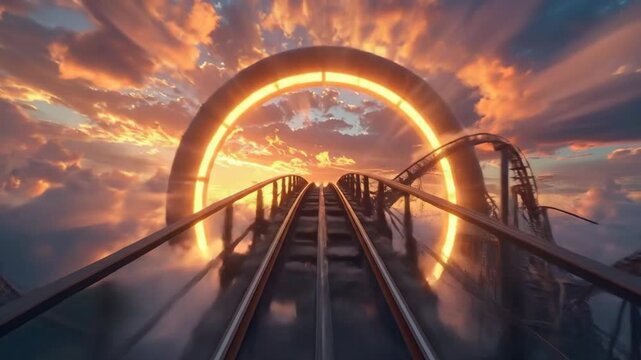 Rollercoaster track leading into a sunset with clouds, creating a surreal and exciting atmosphere.