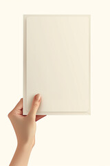 Obraz premium Hand holding blank cream envelope on off white background