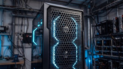 Black hexagonal mesh grille with blue neon light for gaming pc background
