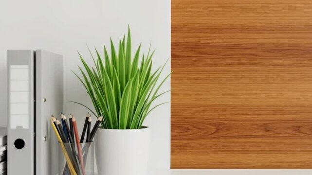 Minimalist workspace setup featuring a potted plant, pencils, and office binders against a clean backdrop.