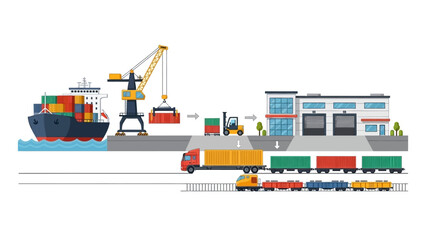 Cargo ship unloading containers at a busy dock with crane, truck, and train nearby, illustrating transportation logistics © Surya