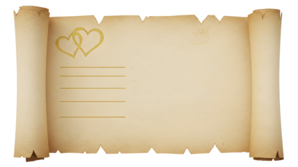 Ancient parchment scroll with golden hearts and writing lines, concept for a romantic love letter or wedding invitation Transparent background