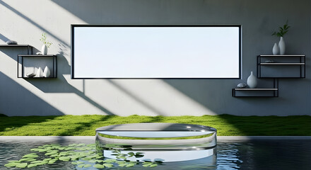 A modern outdoor setup featuring a blank screen above a reflective water surface.