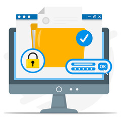 Fototapeta premium Secure document access displayed on a computer screen with lock icon, password field and approval checkmark. Concept data security, authentication, privacy protection and safe digital file management