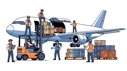 Workers unloading cargo from a large airplane at an airport with a forklift and pallets of goods © Surya
