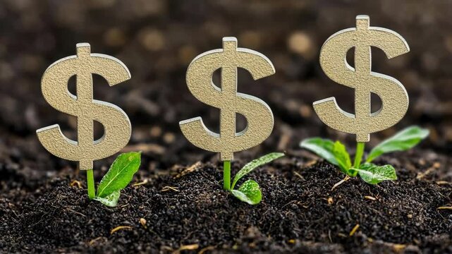 Money growth investment and financial success with dollar symbol sprouting from soil showing profit, savings, wealth building and long term saving