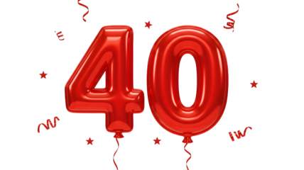 Red number 40 foil balloons for anniversary or birthday celebration with stars and confetti decorations isolated on white Transparent background