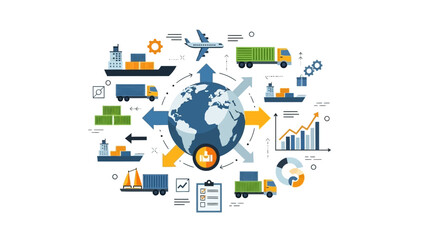 Obraz premium Global Logistics and Transportation Network Surrounding the Earth with Various Vehicles and Icons