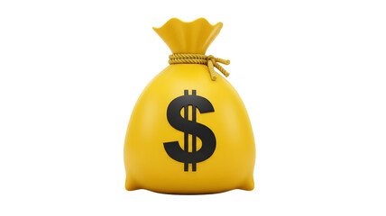 Yellow money bag with black dollar symbol tied with rope, finance and wealth investment concept isolated on white Transparent background