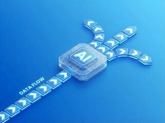 AI processor chip with data flow arrows representing artificial intelligence processing and machine learning