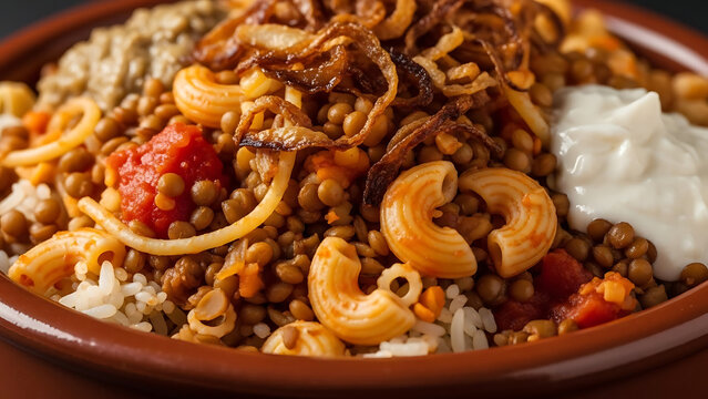 Traditional Egyptian Koshary dish with lentils, macaroni, rice, and fried onions.