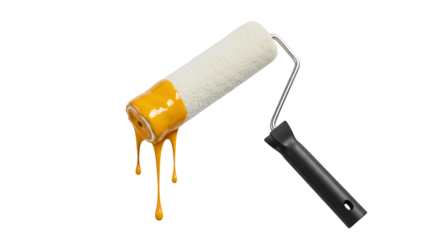 Professional paint roller dripping with thick yellow paint isolated on white, home renovation and interior decorating tool concept Transparent background