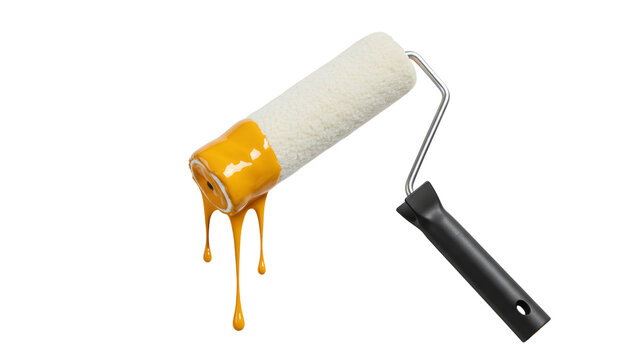 Professional paint roller dripping with thick yellow paint isolated on white, home renovation and interior decorating tool concept Transparent background