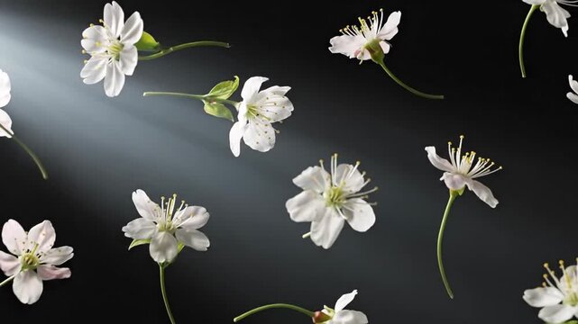Delicate white cherry blossoms floating against a stark black background, creating a minimalist floral pattern.
